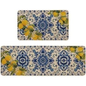 Artoid Mode Blue Floral Lemons Spring Kitchen Mats Set of 2, Home Decor Low-Profile Kitchen Rugs for Floor – 17×29 and 17×47 Inch