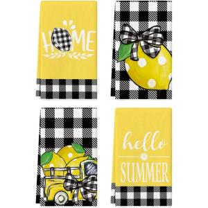 Artoid Mode Buffalo Plaid Lemon Home Truck Hello Summer Kitchen Towels Dish Towels, 18×26 Inch Seasonal Decoration Hand Towels Set of 4