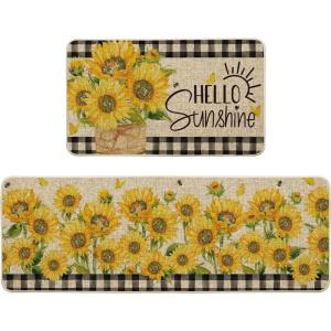 Artoid Mode Buffalo Plaid Sunflower Summer Kitchen Mats Set of 2, Hello Sunshine Spring Home Decor Low-Profile Kitchen Rugs for Floor – 17×29 and 17×47 Inch