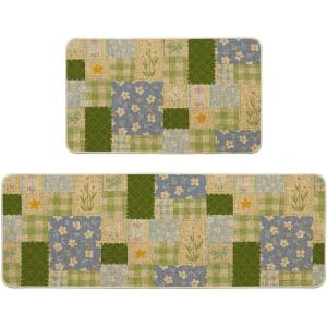 Artoid Mode Check Pattern Flowers Floral Spring Kitchen Mats Set of 2, Home Decor Low-Profile Kitchen Rugs for Floor – 17×29 and 17×47 Inch