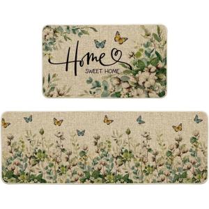 Artoid Mode Cotton Plant Leaf Butterfly Home Spring Kitchen Mats Set of 2, Home Decor Low-Profile Kitchen Rugs for Floor – 17×29 and 17×47 Inch