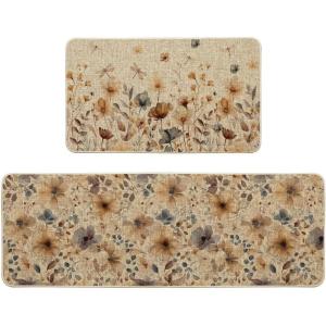 Artoid Mode Floral Flowers Spring Kitchen Mats Set of 2, Home Decor Low-Profile Kitchen Rugs for Floor – 17×29 and 17×47 Inch