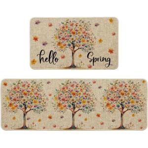 Artoid Mode Floral Tree Hello Spring Kitchen Mats Set of 2, Home Decor Low-Profile Kitchen Rugs for Floor – 17×29 and 17×47 Inch