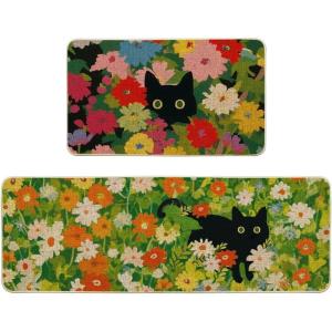 Artoid Mode Flowers Floral Black Cute Cat Spring Kitchen Mats Set of 2, Home Decor Low-Profile Kitchen Rugs for Floor – 17×29 and 17×47 Inch