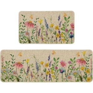 Artoid Mode Flowers Lavender Daisy Spring Kitchen Mats Set of 2, Summer Home Decor Low-Profile Kitchen Rugs for Floor – 17×29 and 17×47 Inch