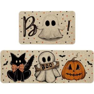 Artoid Mode Ghost Pumpkin Cat Boo Halloween Kitchen Mats Set of 2, Black Home Decor Low-Profile Kitchen Rugs for Floor – 17×29 and 17×47 Inch(Beige)