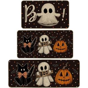 Artoid Mode Ghost Pumpkin Cat Boo Halloween Kitchen Mats Set of 2, Black Home Decor Low-Profile Kitchen Rugs for Floor – 17×29 and 17×47 Inch(Black)
