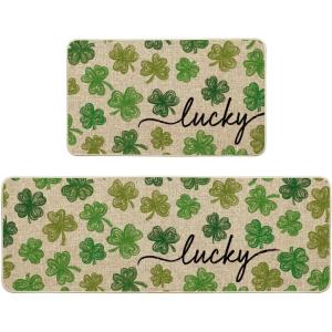 Artoid Mode Green Lucky Shamrocks Clover St. Patrick’s Day Kitchen Mats Set of 2, Home Decor Low-Profile Kitchen Rugs for Floor – 17×29 and 17×47 Inch(Beige)