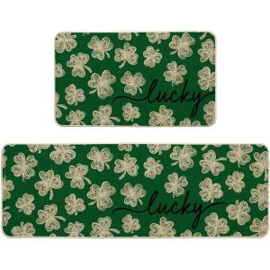 Artoid Mode Green Lucky Shamrocks Clover St. Patrick’s Day Kitchen Mats Set of 2, Home Decor Low-Profile Kitchen Rugs for Floor – 17×29 and 17×47 Inch(Green)