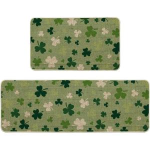 Artoid Mode Green Wood Shamrock St. Patrick’s Day Kitchen Mats Set of 2, Home Decor Low-Profile Kitchen Rugs for Floor – 17×29 and 17×47 Inch(Wood)