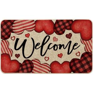Artoid Mode Love Heart Welcome Valentine’s Doormat, Home Decor Low-Profile Switch Rug Door Mat for Indoor Outdoor 17×29 Inch(Red)