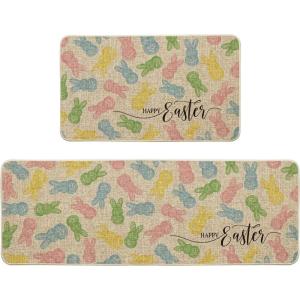 Artoid Mode Pink Bunny Happy Easter Kitchen Mats Set of 2, Home Seasonal Spring Easter Holiday Holiday Party Floor Mat – 17×29 and 17×47 Inch(Beige)