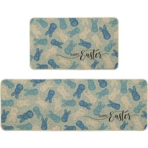 Artoid Mode Pink Bunny Happy Easter Kitchen Mats Set of 2, Home Seasonal Spring Easter Holiday Holiday Party Floor Mat – 17×29 and 17×47 Inch(Blue)