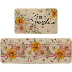 Artoid Mode Pink Daisy Flowers Hello Spring Kitchen Mats Set of 2, Home Decor Low-Profile Kitchen Rugs for Floor – 17×29 and 17×47 Inch