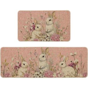 Artoid Mode Pink Rabbit Bunny Flowers Easter Kitchen Mats Set of 2, Spring Home Decor Low-Profile Kitchen Rugs for Floor – 17×29 and 17×47 Inch(Pink)