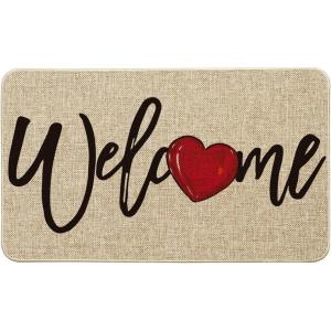 Artoid Mode Red Welcome Love Heart Valentine’s Day Doormat, Home Decor Low-Profile Switch Rug Door Mat for Indoor Outdoor 17×29 Inch(Beige)