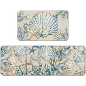 Artoid Mode Sea Shell Starfish Coral Whelks Summer Kitchen Mats Set of 2, Ocean Seasonal Sports Home Decor Low-Profile Kitchen Rugs for Floor – 17×29 and 17×47 Inch