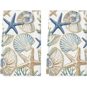 Artoid Mode Seashell Coral Starfish Summer Kitchen Towels Dish Towels, 18×26 Inch Farmhouse Summer Seasonal Decoration Hand Towels Set of 2