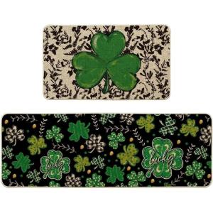 Artoid Mode Shamrock Leaves Lucky Polka Dot St. Patrick’s Day Kitchen Mats Set of 2, Home Decor Low-Profile Kitchen Rugs for Floor – 17×29 and 17×47 Inch