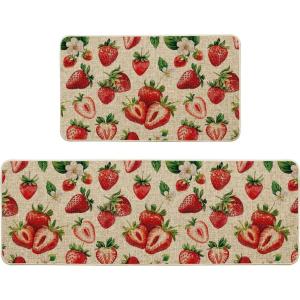 Artoid Mode Strawberry Spring Kitchen Mats Set of 2, Home Decor Low-Profile Kitchen Rugs for Floor – 17×29 and 17×47 Inch