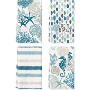 Artoid Mode Stripe Coral Starfish Seahorses Whelks Summer Kitchen Towels Dish Towels, 18×26 Inch Farmhouse Decoration Hand Towels Set of 4