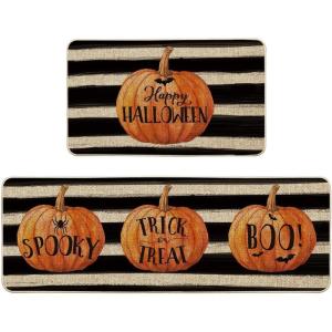 Artoid Mode Stripes Pumpkin Happy Halloween Kitchen Mats Set of 2, Spooky Trick or Treat Boo Holiday Party Low-Profile Floor Mat for Home Kitchen – 17×29 and 17×47 Inch