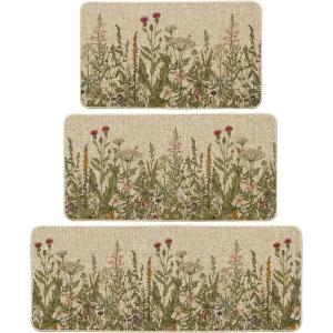Artoid Mode Wildflower Spring Floral Kitchen Mats Set of 2, Flowers Summer Holiday Party Low-Profile Floor Mat for Home Kitchen – 17×29 and 17×47 Inch(Beige)