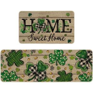 Artoid Mode Wood Shamrock Sweet Home St. Patrick’s Day Kitchen Mats Set of 2, Home Decor Low-Profile Kitchen Rugs for Floor – 17×29 and 17×47 Inch