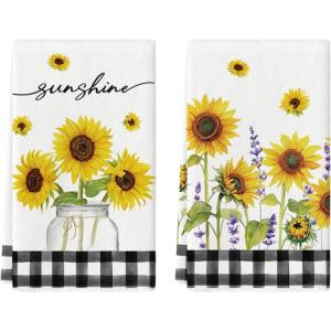 Artoid Mode Yellow Buffalo Plaid Sunflowers Sunshine Summer Kitchen Towels Dish Towels, 18×26 Inch Farmhouse Summer Decoration Hand Towels Set of 2(Black/White)