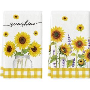 Artoid Mode Yellow Buffalo Plaid Sunflowers Sunshine Summer Kitchen Towels Dish Towels, 18×26 Inch Farmhouse Summer Decoration Hand Towels Set of 2(Yellow/White)