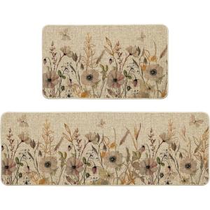 Artoid Mode Wildflower Leaves Floral Welcome Fall Kitchen Mats Set of 2, Autumn Home Decor Low-Profile Kitchen Rugs for Floor – 17×29 and 17×47 Inch