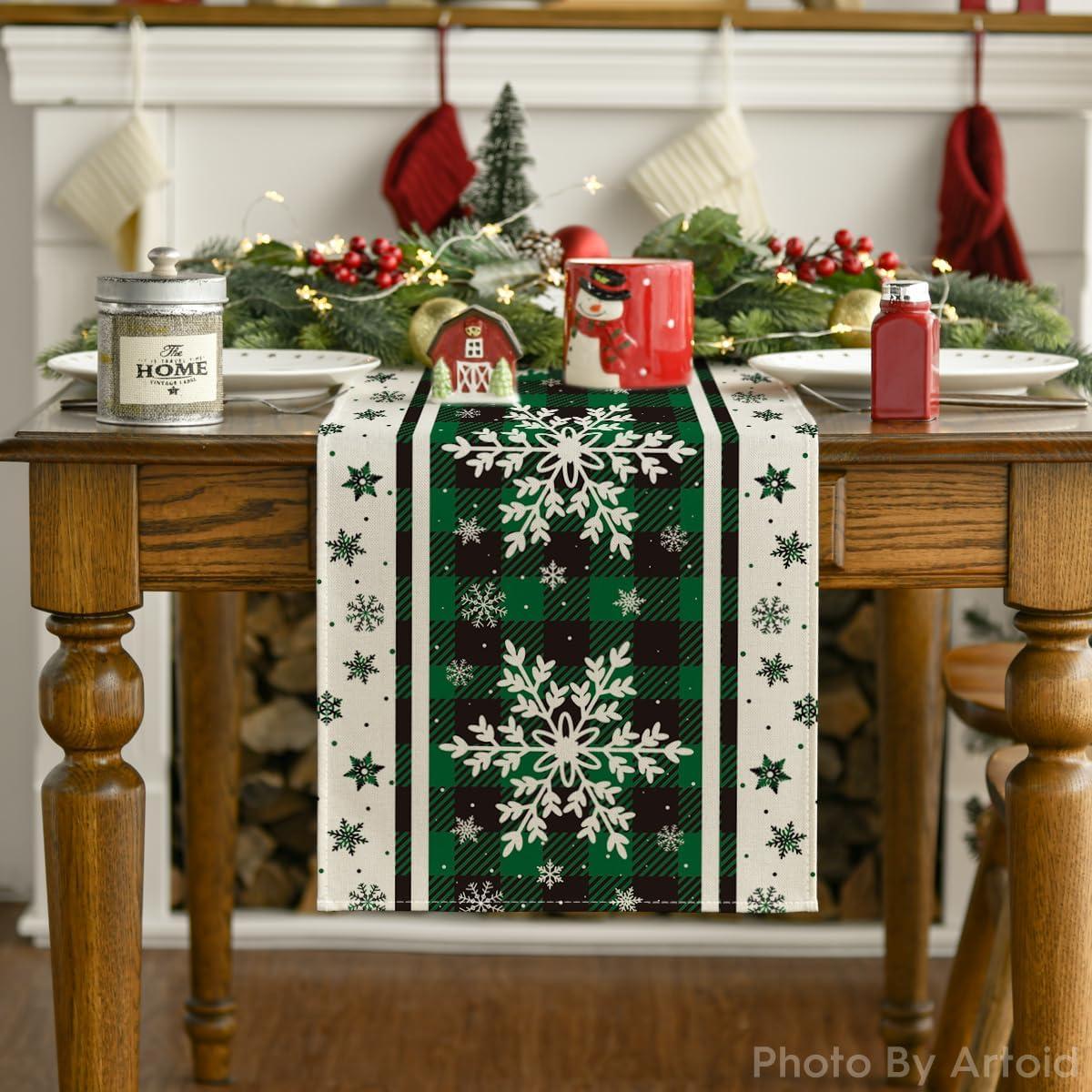 image:imageArtoid Mode Buffalo Plaid Snowflakes Christmas Table Runner Seasonal Winter Kitchen Dining Table Decoration for Home Party Decor 13x72 InchGreen