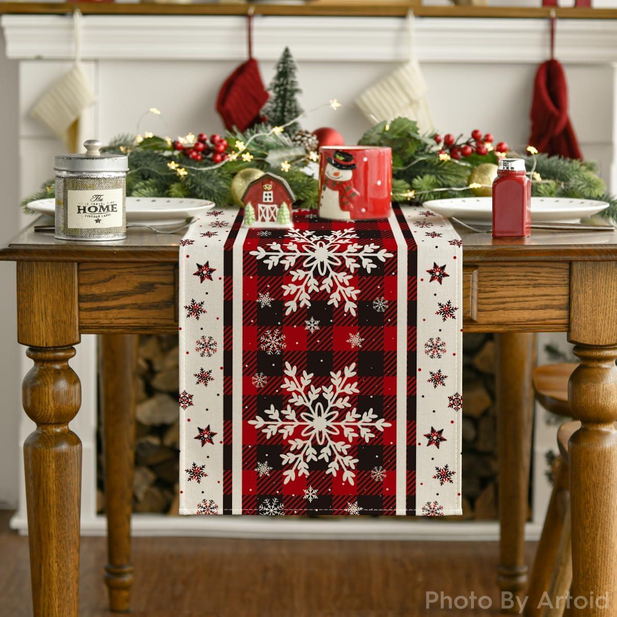 image:imageArtoid Mode Buffalo Plaid Snowflakes Christmas Table Runner Seasonal Winter Kitchen Dining Table Decoration for Home Party Decor 13x72 InchRed