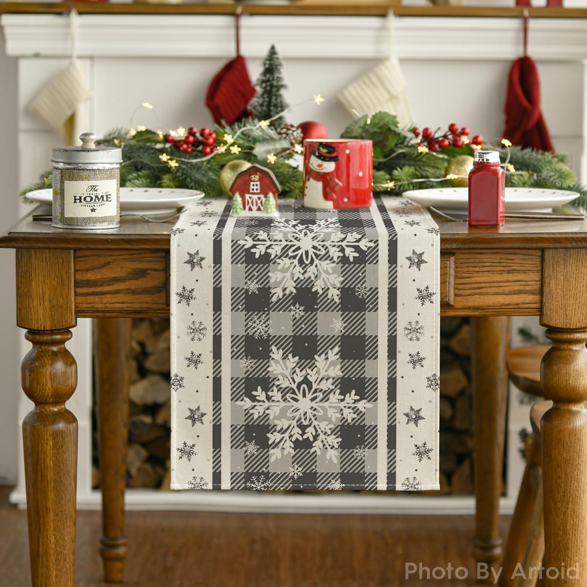 image:imageArtoid Mode Buffalo Plaid Snowflakes Christmas Table Runner Seasonal Winter Kitchen Dining Table Decoration for Home Party Decor 13x72 InchSilver