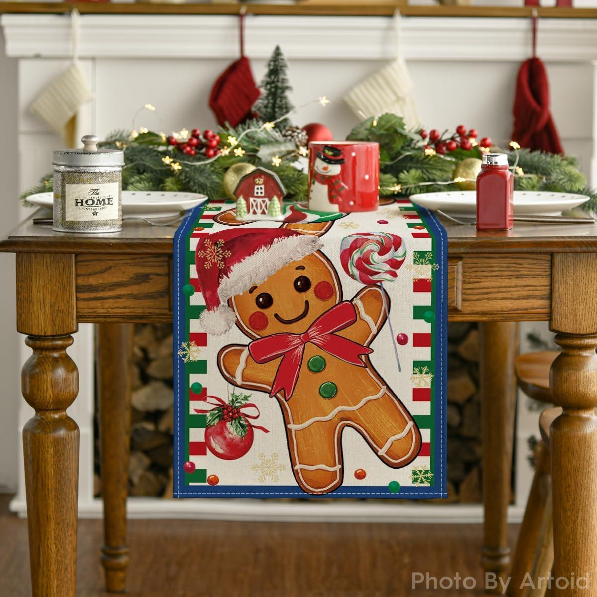 image:imageArtoid Mode Gingerbread Candy Cane Christmas Table Runner Seasonal Winter Kitchen Dining Table Decoration for Home Party Decor 13x72 InchBlue
