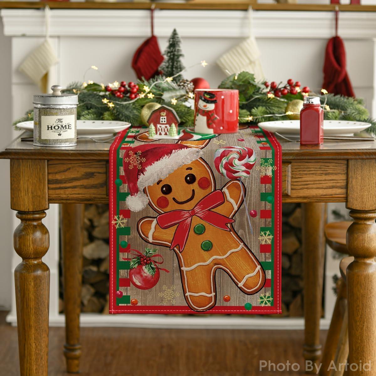 image:imageArtoid Mode Gingerbread Candy Cane Christmas Table Runner Seasonal Winter Kitchen Dining Table Decoration for Home Party Decor 13x72 InchRedWood