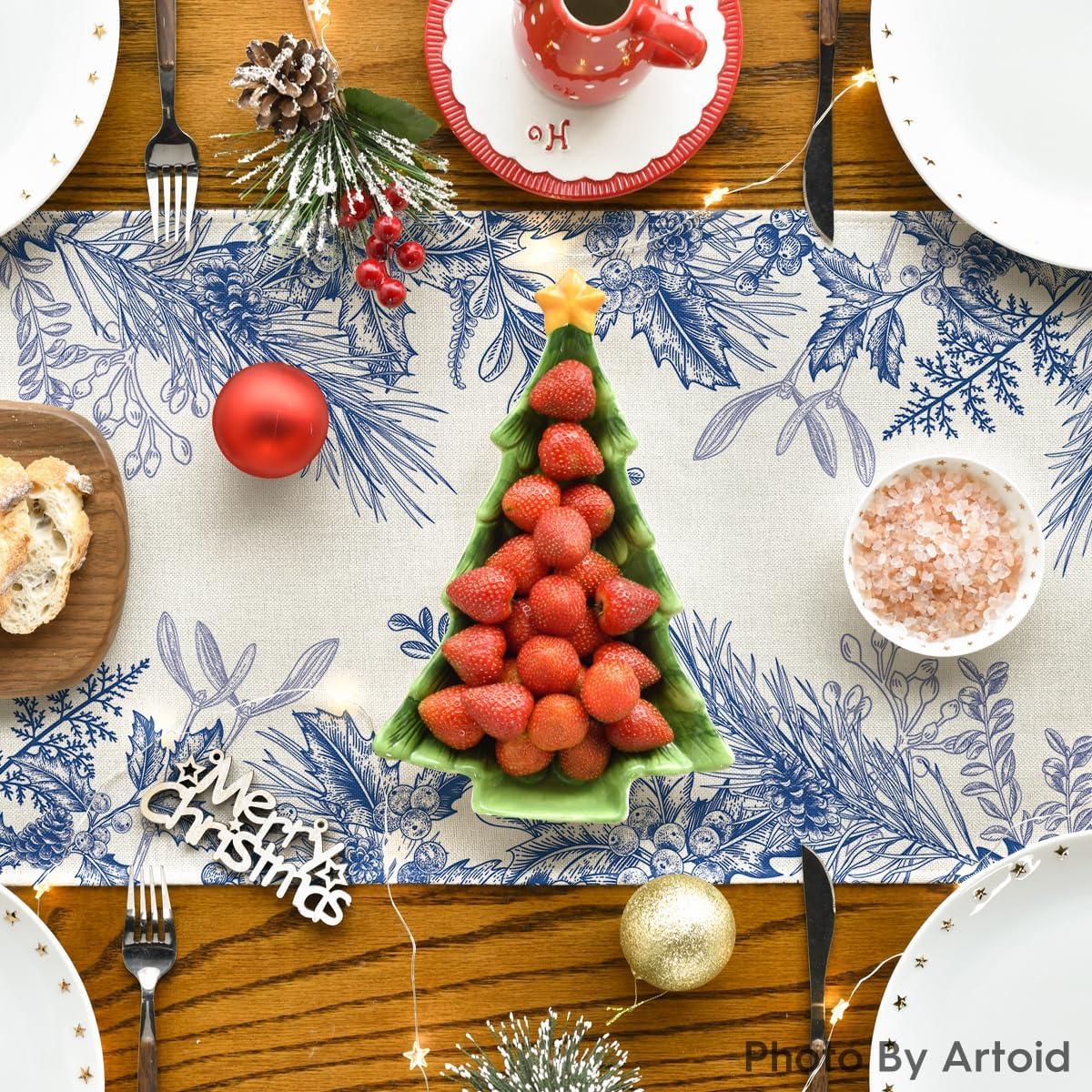 image:imageArtoid Mode Holly Pine Cone Christmas Table Runner Seasonal Winter Kitchen Dining Table Decoration for Home Party Decor 13x72 InchBlue