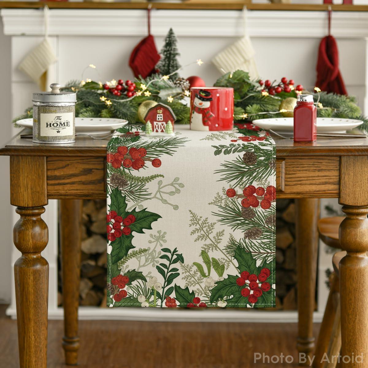 image:imageArtoid Mode Holly Pine Cone Christmas Table Runner Seasonal Winter Kitchen Dining Table Decoration for Home Party Decor 13x72 InchGreen