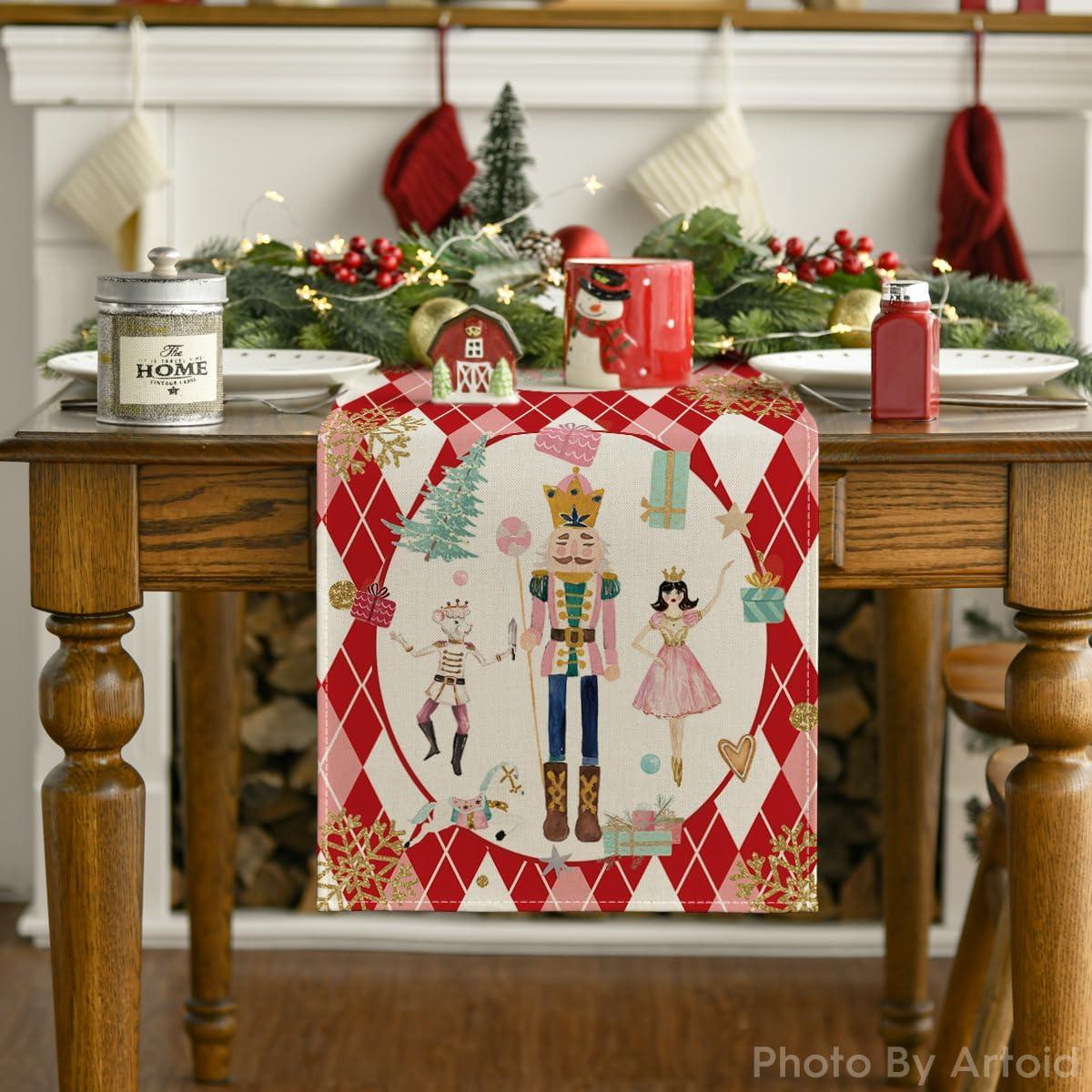 image:imageArtoid Mode Pink Diamond Plaid Nutcracker Snowflake Christmas Table Runner Seasonal Winter Kitchen Dining Table Decoration for Home Party Decor 13x72 InchRed