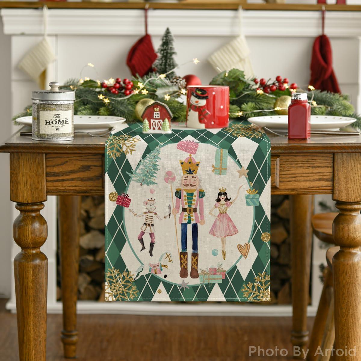 image:imageArtoid Mode Pink Diamond Plaid Nutcracker Snowflake Christmas Table Runner Seasonal Winter Kitchen Dining Table Decoration for Home Party Decor 13x72 InchGreen