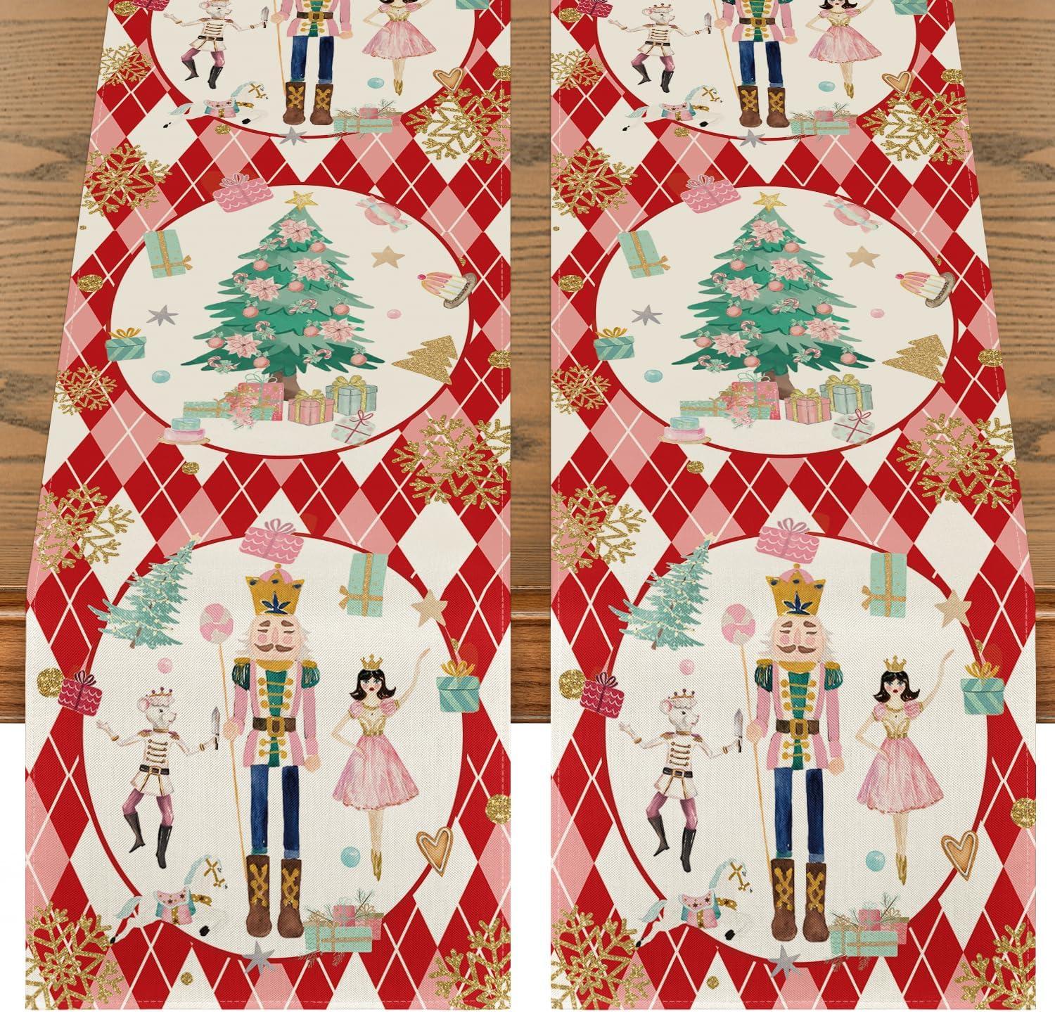 image:imageArtoid Mode Pink Diamond Plaid Nutcracker Snowflake Christmas Table Runner Seasonal Winter Kitchen Dining Table Decoration for Home Party Decor 13x72 InchRed