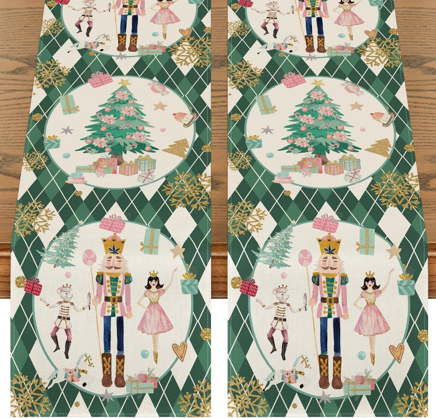image:imageArtoid Mode Pink Diamond Plaid Nutcracker Snowflake Christmas Table Runner Seasonal Winter Kitchen Dining Table Decoration for Home Party Decor 13x72 InchGreen