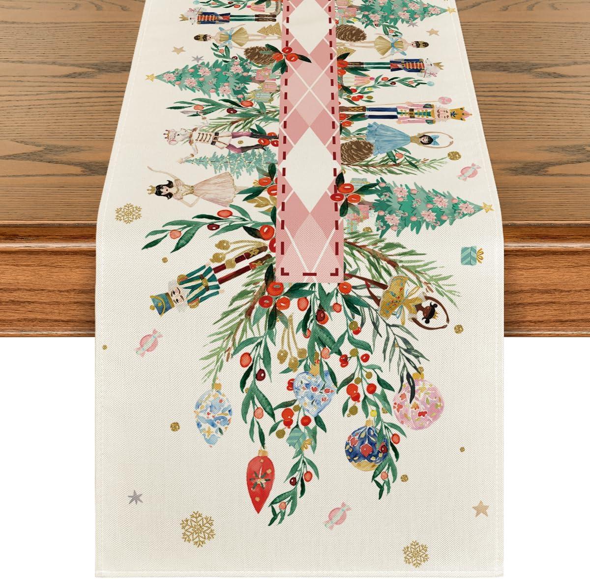 image:imageArtoid Mode Red Nutcracker Floral Holly Christmas Table Runner Seasonal Winter Kitchen Dining Table Decoration for Home Party Decor 13x72 InchPink