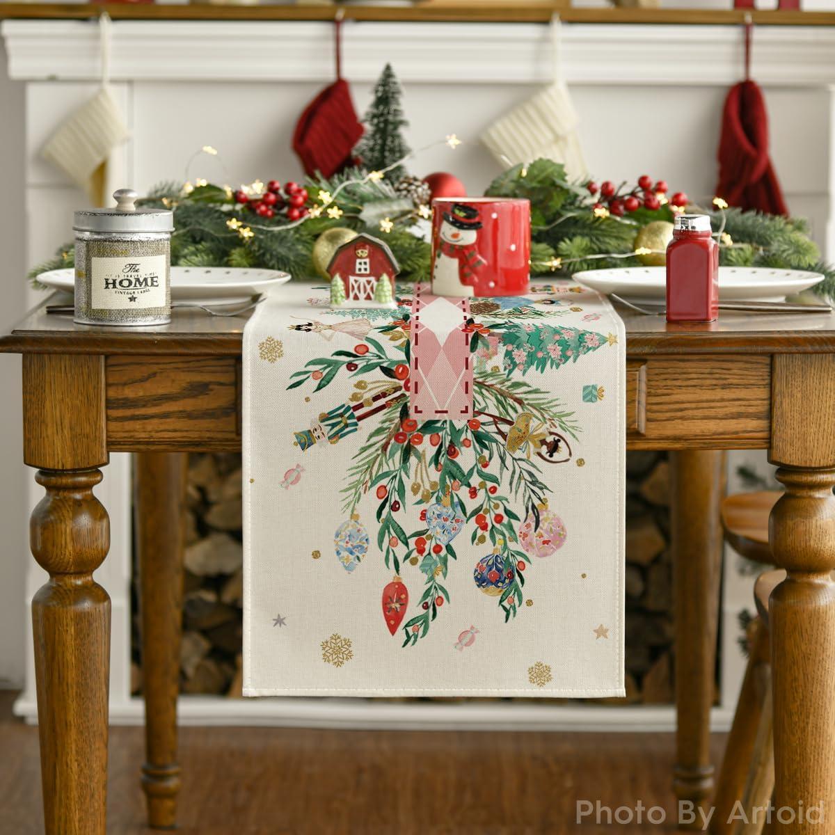 image:imageArtoid Mode Red Nutcracker Floral Holly Christmas Table Runner Seasonal Winter Kitchen Dining Table Decoration for Home Party Decor 13x72 InchPink