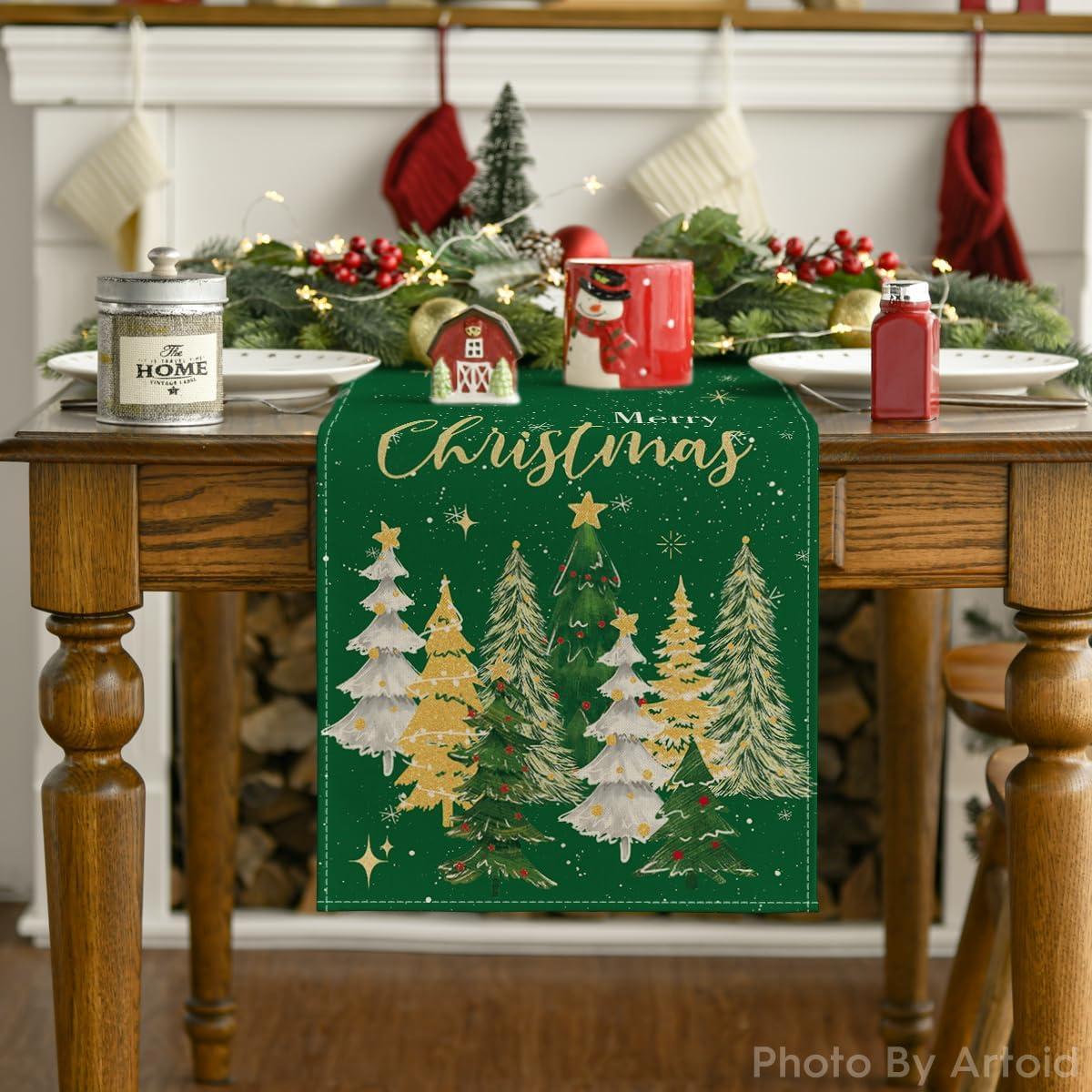 image:imageArtoid Mode Xmas Trees Black Merry Christmas Table Runner Seasonal Winter Kitchen Dining Table Decoration for Home Party Decor 13x72 InchGreen