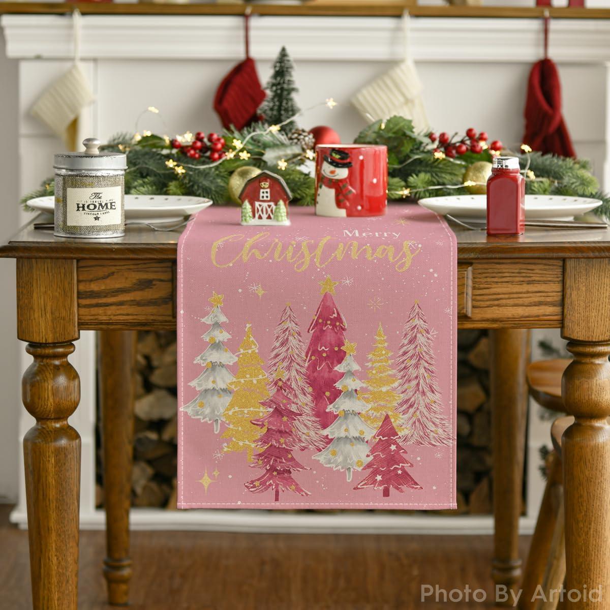 image:imageArtoid Mode Xmas Trees Black Merry Christmas Table Runner Seasonal Winter Kitchen Dining Table Decoration for Home Party Decor 13x72 InchPink