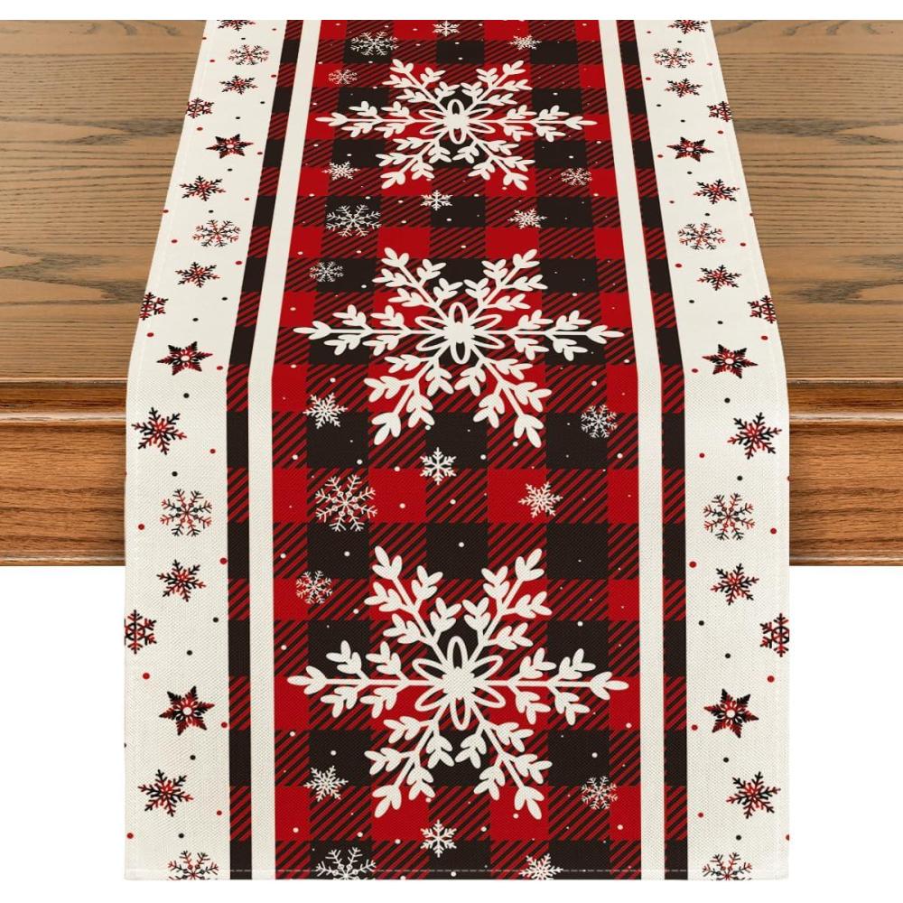 image:imageArtoid Mode Buffalo Plaid Snowflakes Christmas Table Runner Seasonal Winter Kitchen Dining Table Decoration for Home Party Decor 13x72 InchRed