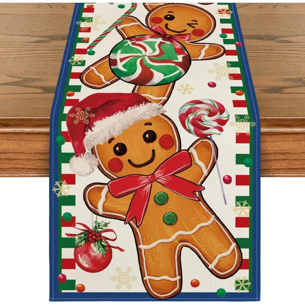 image:imageArtoid Mode Gingerbread Candy Cane Christmas Table Runner Seasonal Winter Kitchen Dining Table Decoration for Home Party Decor 13x72 InchBlue