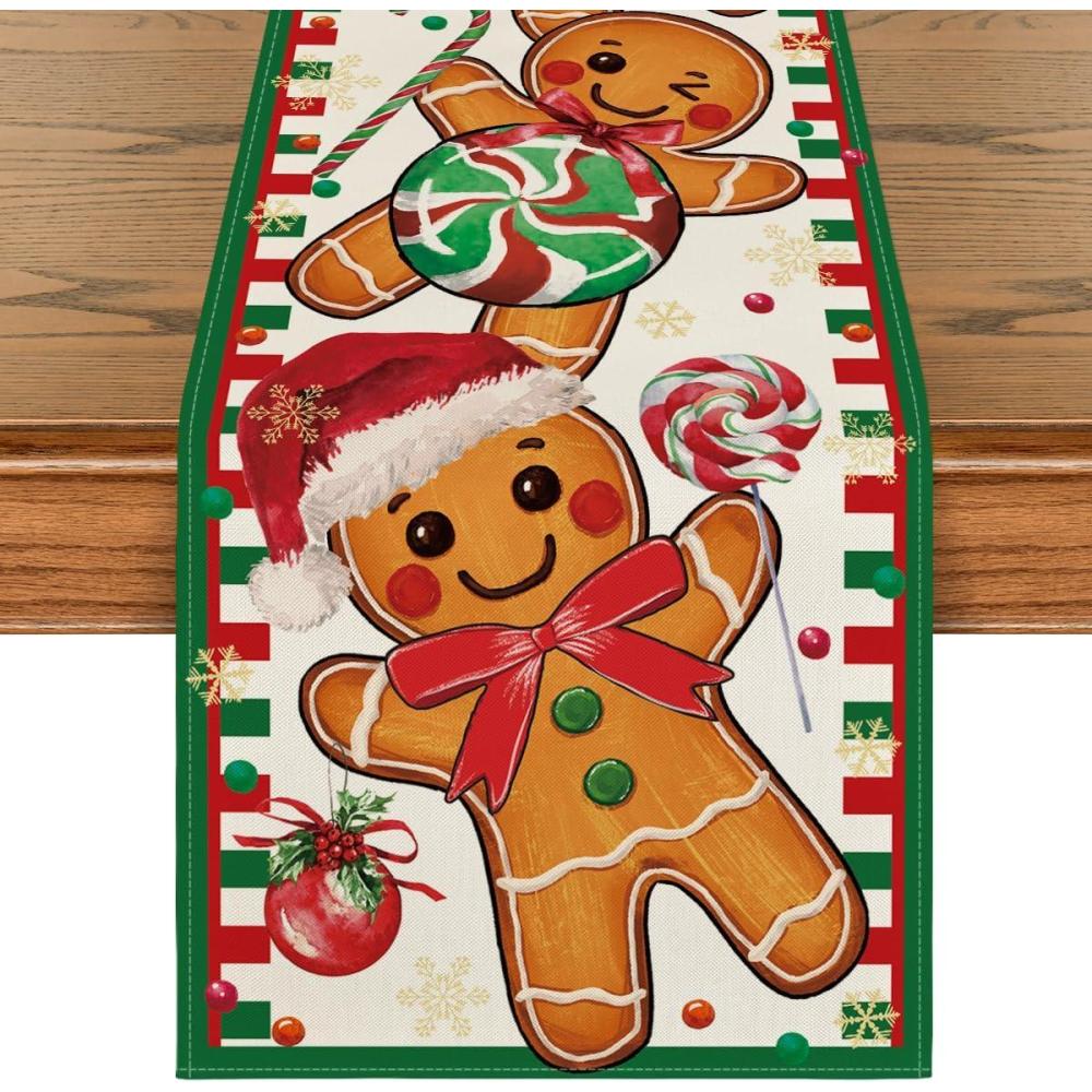image:imageArtoid Mode Gingerbread Candy Cane Christmas Table Runner Seasonal Winter Kitchen Dining Table Decoration for Home Party Decor 13x72 InchGreen