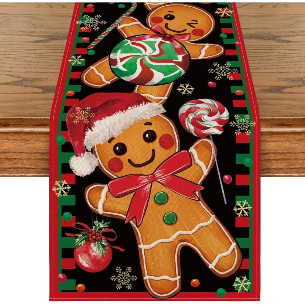 image:imageArtoid Mode Gingerbread Candy Cane Christmas Table Runner Seasonal Winter Kitchen Dining Table Decoration for Home Party Decor 13x72 InchRed Black